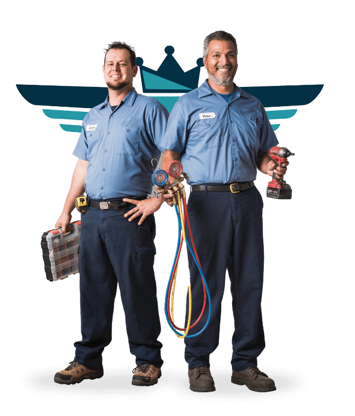 Air Supreme Heating and Air Conditioning Techs standing before our logo