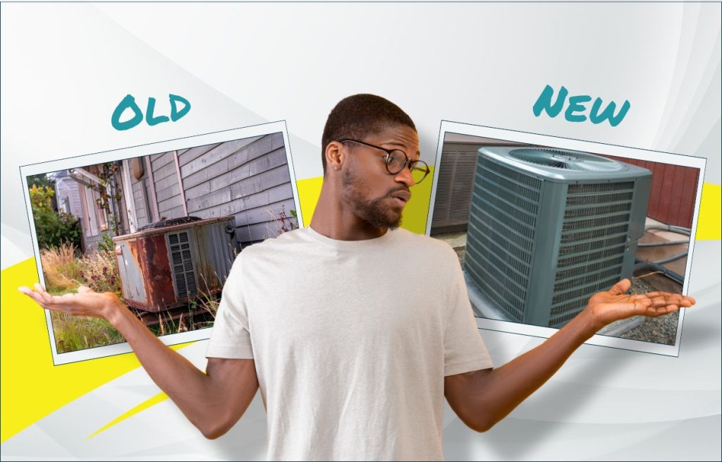 This is an image of a man comparing an old AC unit to a new AC unit