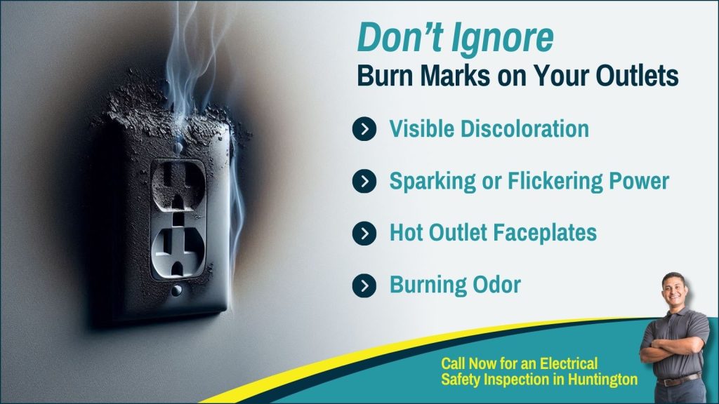 This is an image of a burnt and smoking outlet. The headline reads. Don't ignore Byrne marks on your outlets.