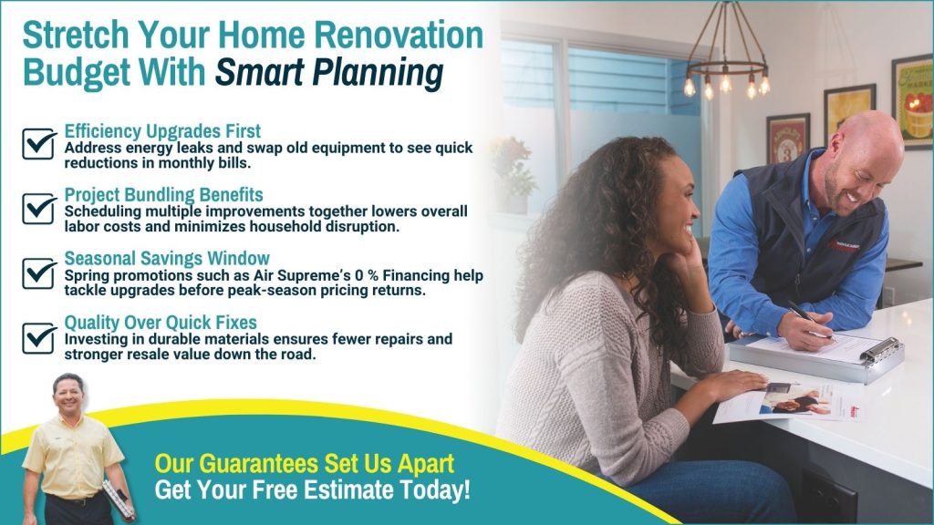 This is an image of a homeowner going over a renovation plan with a contractor. The headline reads stretch your home renovation budget was smart planning