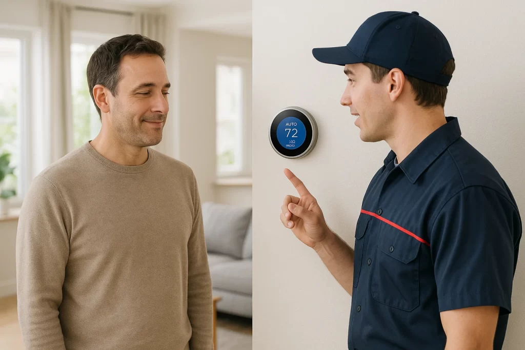 Technician explaining AUTO fan setting on smart thermostat for humidity control