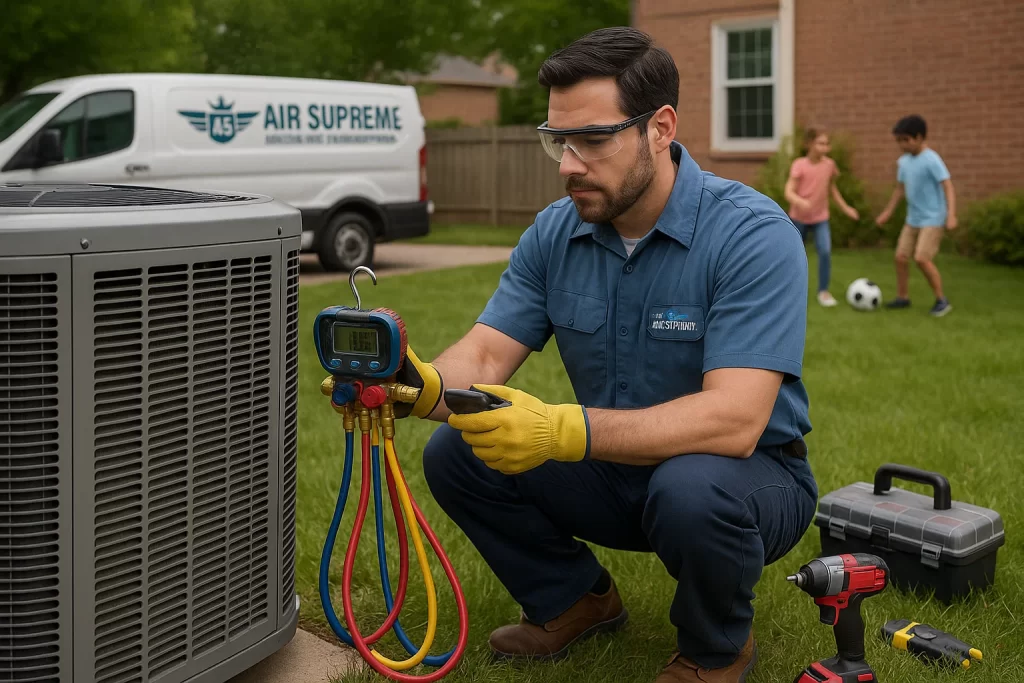 Technician checking refrigerant levels at outdoor AC unit using digital gauges