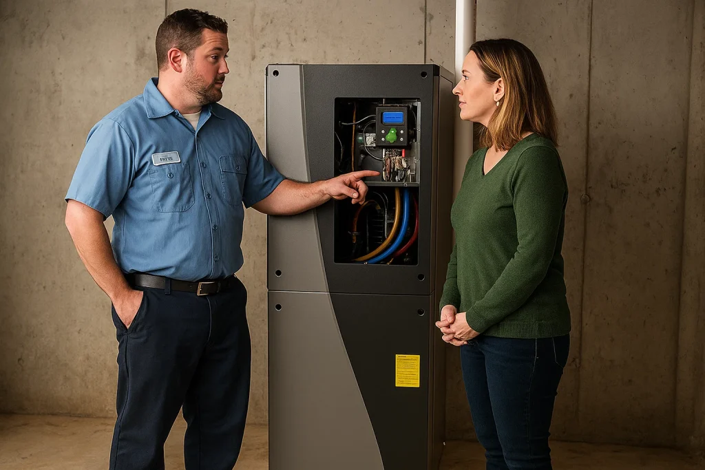 Homeowner and technician discuss geothermal repairs beside a system panel in a Knoxville basement.