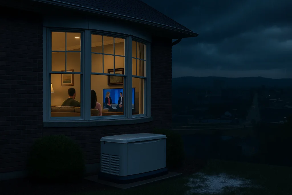 Homeowners sitting comfortably in their living room during a storm because they have a generator