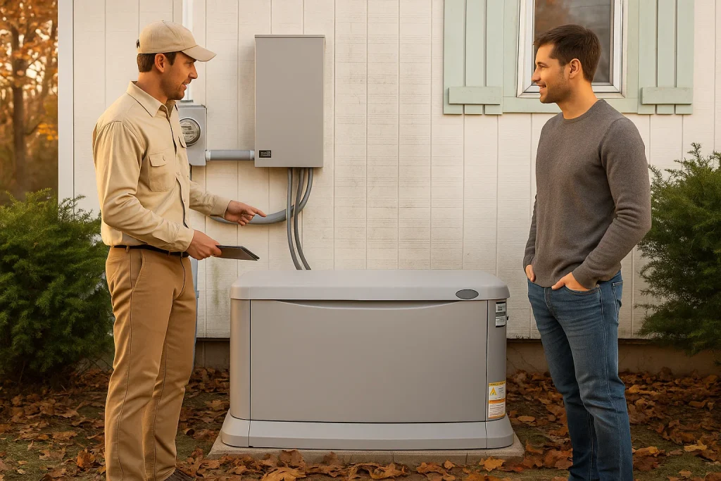 homeowner and technician beside generator in autumn outdoor setting