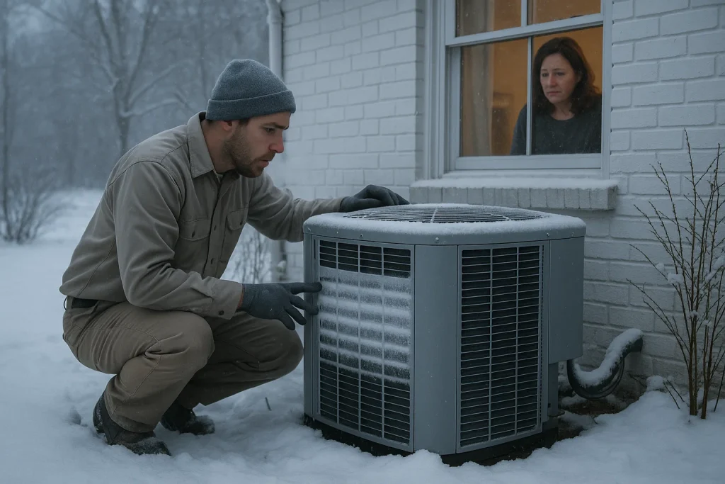 technician checking outdoor heat pump for ice buildup in freezing Kentucky winter