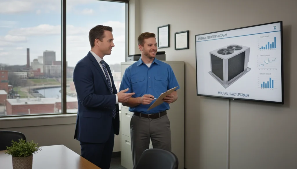 A commercial building owner reviews HVAC rebate paperwork with a technician, standing beside a high-efficiency rooftop unit.