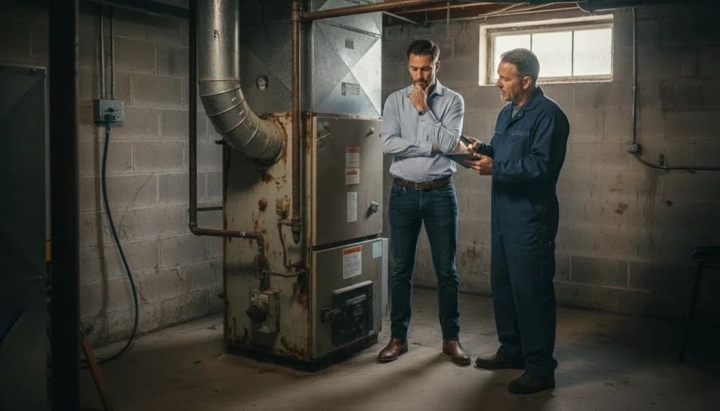 Homeowner evaluating old furnace with repair‑vs‑replace checklist in utility room