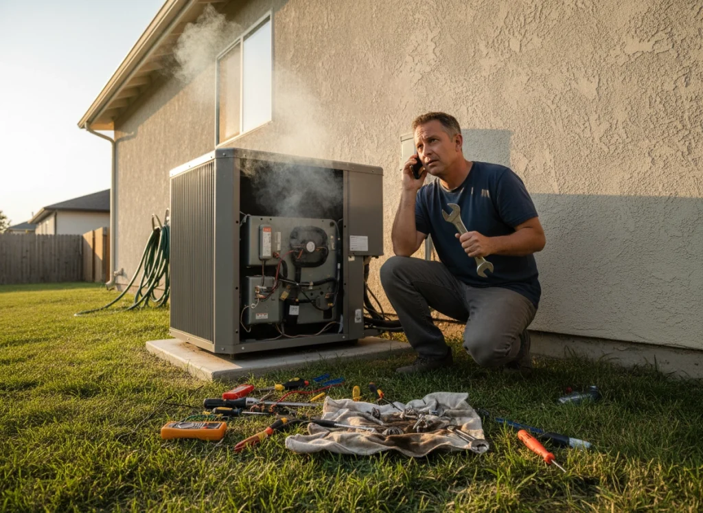The homeowner on the side of his house frustrated as he tries to fix his own AC condenser unit