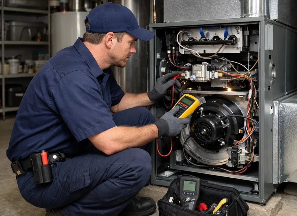 HVAC technician repairing furnace to restore reliable heat