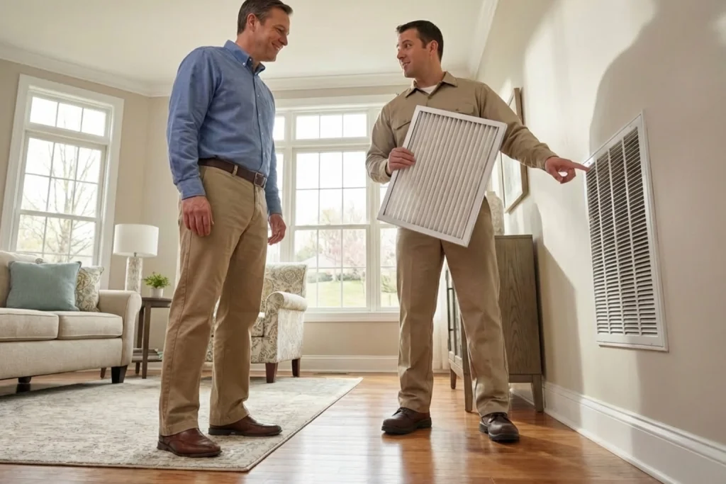 Ashland homeowner discussing HVAC filter upgrade for spring allergies