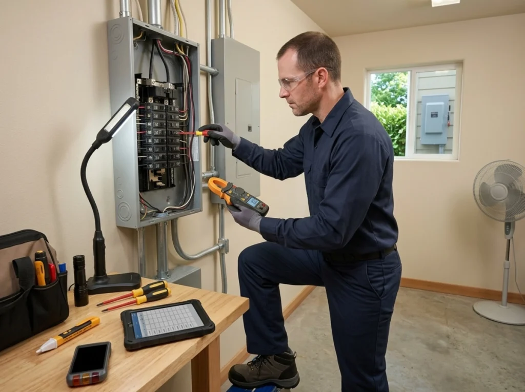 Electrician inspecting electrical panel before summer heat