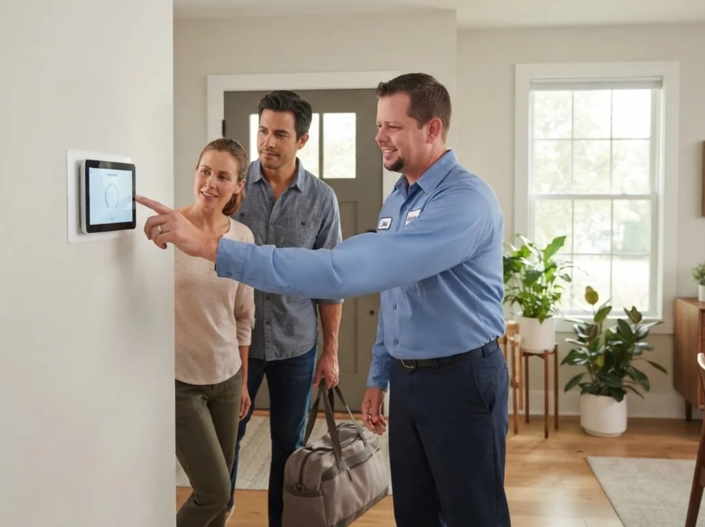 Homeowners learning smart thermostat vacation mode from HVAC technician
