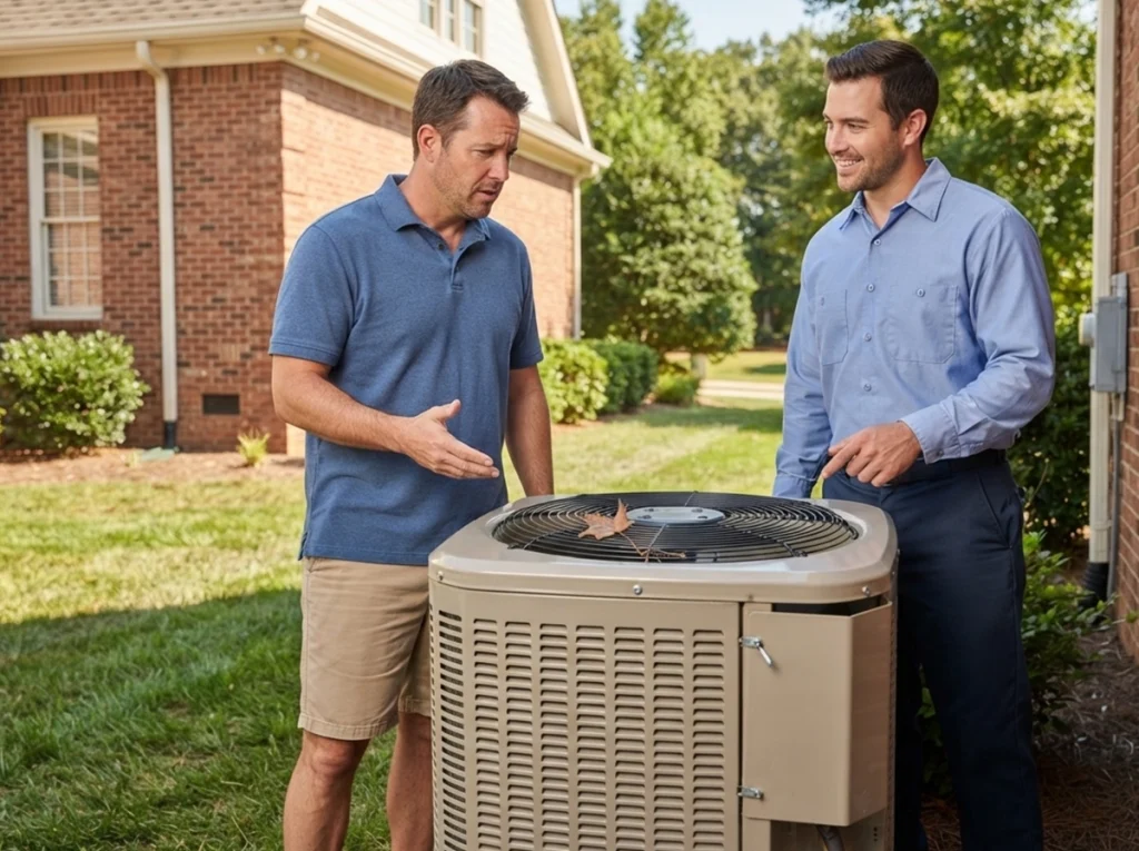 Homeowner showing an HVAC technician a rattling outdoor AC unit