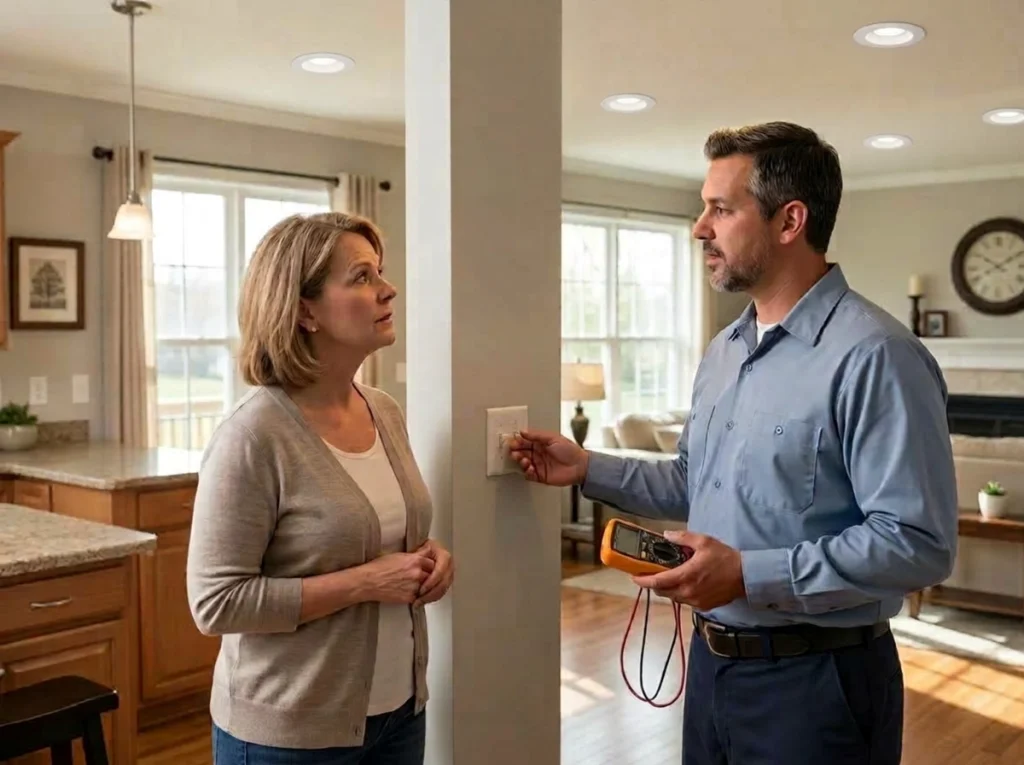 Ashland homeowner discussing flickering lights with professional electrician