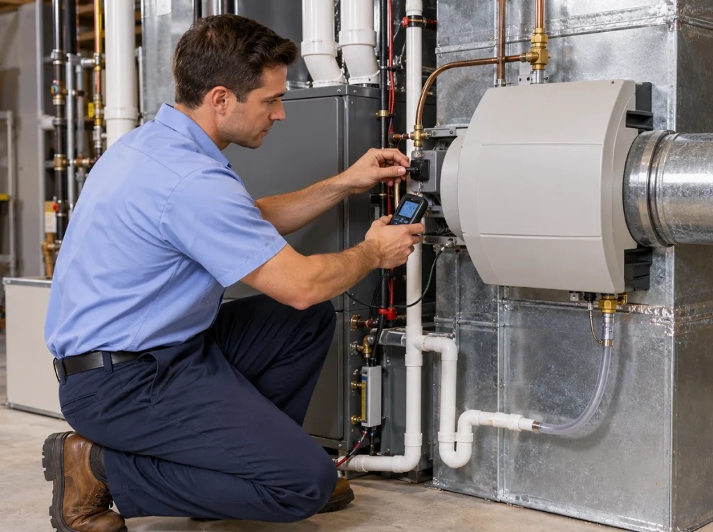 HVAC technician servicing a whole-home humidifier in an Ashland home